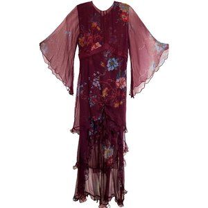 L NWT Yantha Nataya Rayon Georgette Floral Angel Sleeve Dress Tiered Art Nouveau